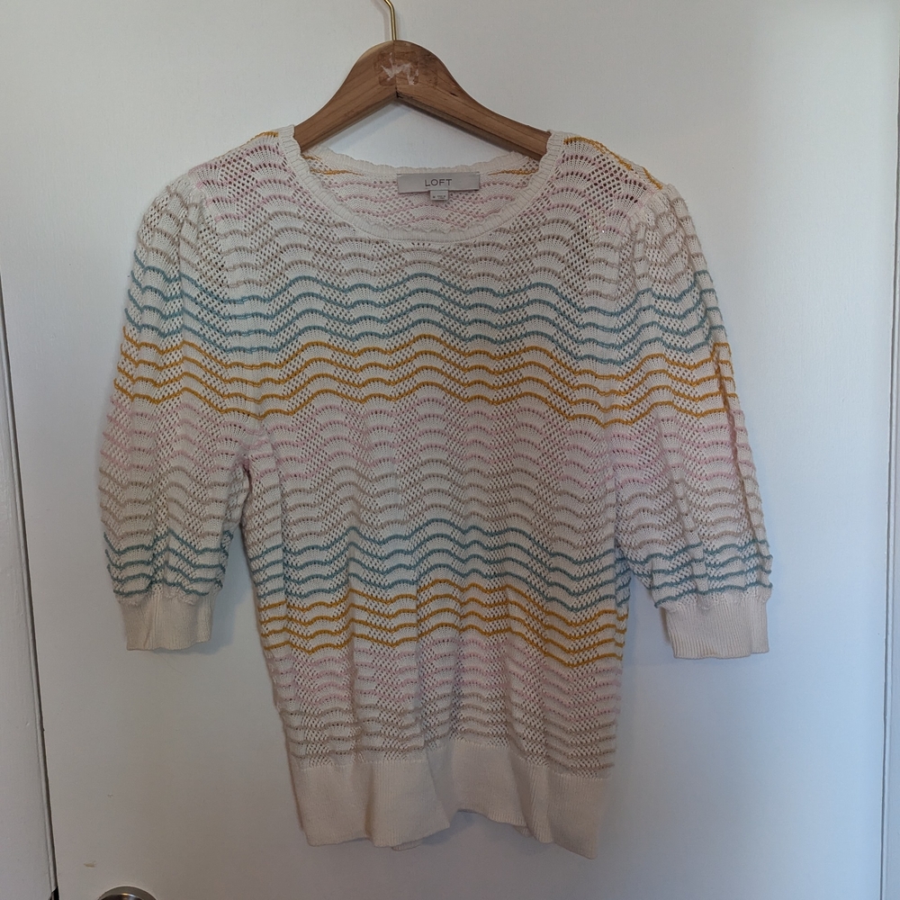 LOFT Cream Open-Knit Sweater with Pastel Blue, Yellow & Pink Stripes